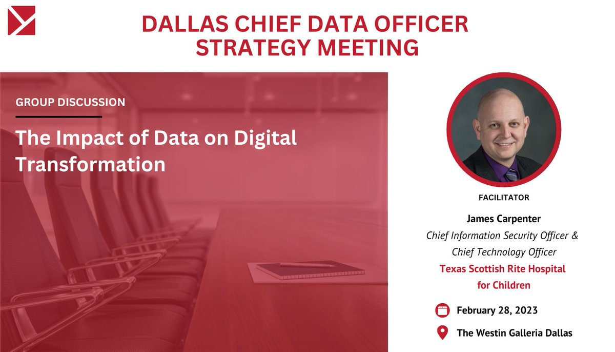 NCS_Madison's tweet photo. Join us for our Chief Data Officer Strategy Meeting in Dallas in about three weeks! James will discuss how to leverage data to drive and accelerate your digital transformation efforts.  Don't miss the chance to discuss this subject and others! 

Register: https://t.co/TioV40KPPp https://t.co/t2Wvc13y5O