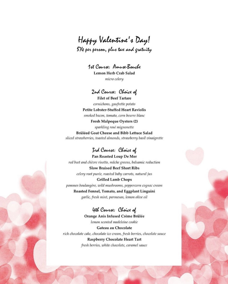 Treat someone special to a 4 course prix fixe meal at Anis Cafe &amp; Bistro on #ValentinesDay (Tuesday, February 14) for $74 per person (excludes tax &amp; gratuity). We will only be offering this menu for the occasion and our regular dinner menu won’t be available on 2/14 #prixfixemenu