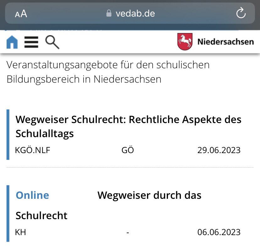 Der Ganztags-Kurs „Wegweiser durch das #Schulrecht“ kann wieder als Online- (<a href="/LSE_Hannover/">Leibniz School of Education</a>) oder Präsenzveranstaltung (<a href="/uniGoettingen/">Uni Göttingen</a>) in der vedab.de gebucht werden. SchiLFs.de #twlz