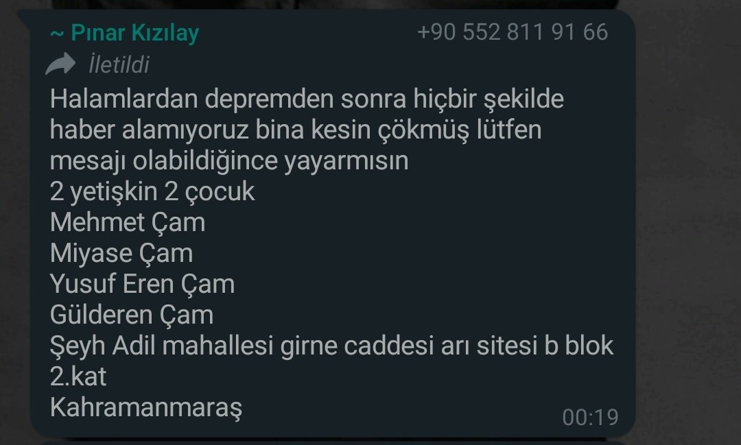 Şeyh Adil mahallesi Girne caddesi Arı sitesi B blok 2. Kat Kahramanmaraş
Mehmet Çam 
Miyase Çam 
Yusuf Eren Çam 
Gülderen Çam 
<a href="/AFADBaskanlik/">AFAD</a> <a href="/haluklevent/">Haluk Levent ( Ahbap Ekibi )</a> <a href="/BabalaTv/">BaBaLa TV</a> <a href="/OguzhanUgur/">Oğuzhan Uğur</a>