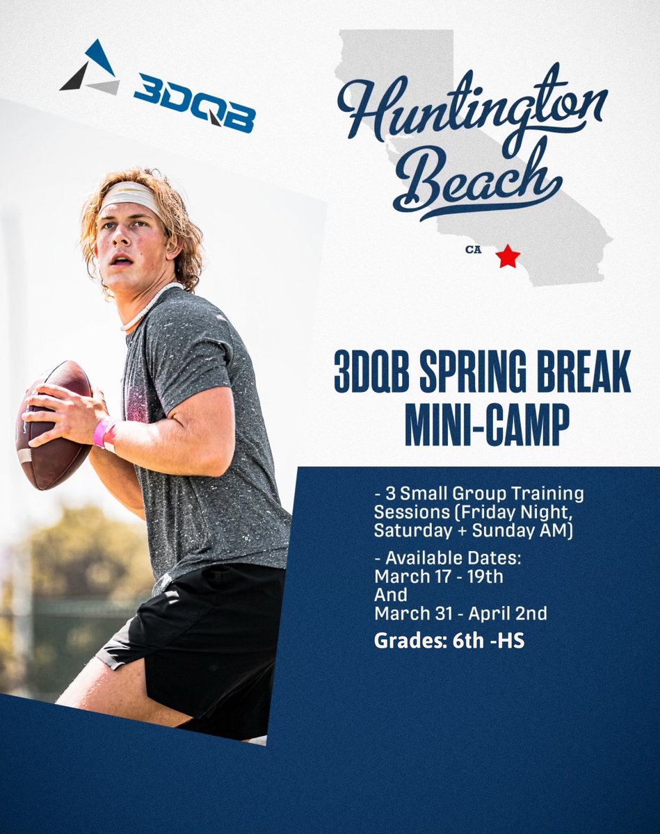 3DQB SoCal (@3dqb_socal) on Twitter photo #3DQB
All out of state QB’s interested in training with 3DQB in Huntington Beach during Spring Break sign up by visiting the link in the bio.
<a href="/train3DQB/">Adam Dedeaux</a> <a href="/Taylor_Kelly10/">Taylor Kelly</a> <a href="/jbecktwelve/">John Beck</a> <a href="/jpyle_8/">Joe Pyle</a> @jreyes05_ <a href="/NickStarkel/">Coach Nick Starkel</a> #3DQB
All out of state QB’s interested in training with 3DQB in Huntington Beach during Spring Break sign up by visiting the link in the bio.
<a href="/train3DQB/">Adam Dedeaux</a> <a href="/Taylor_Kelly10/">Taylor Kelly</a> <a href="/jbecktwelve/">John Beck</a> <a href="/jpyle_8/">Joe Pyle</a> @jreyes05_ <a href="/NickStarkel/">Coach Nick Starkel</a>
