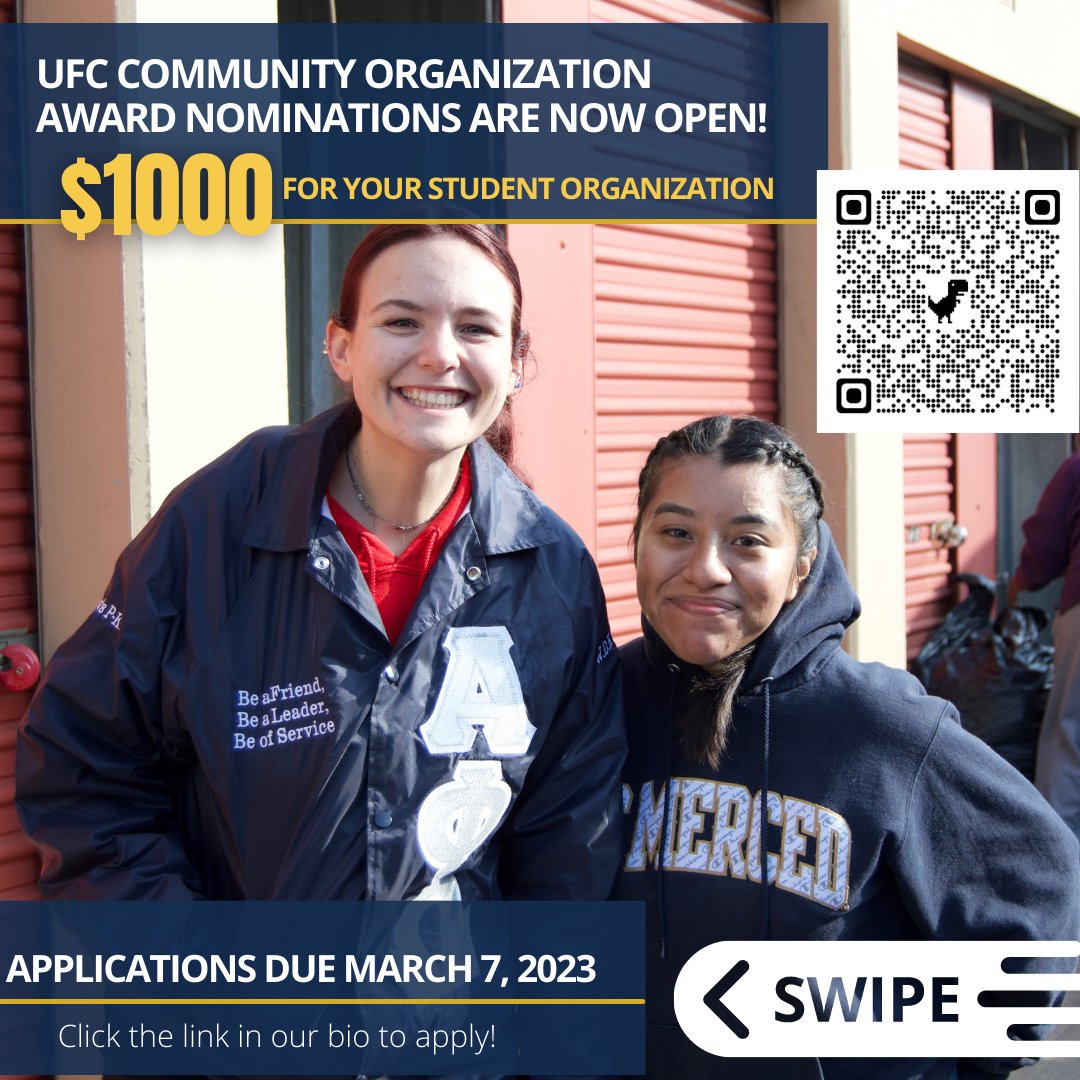 UCMLeadership's tweet photo. Attention all UC Merced Recognized Clubs &amp; Organizations (RCOs) 📢

The application for the UFC Community Organization Award is now open! Self-nominations are encouraged and only ONE application per RCO will be accepted. ⭐

Scan the QR code or click the link in our bio to apply! https://t.co/vmbSk7iNrW