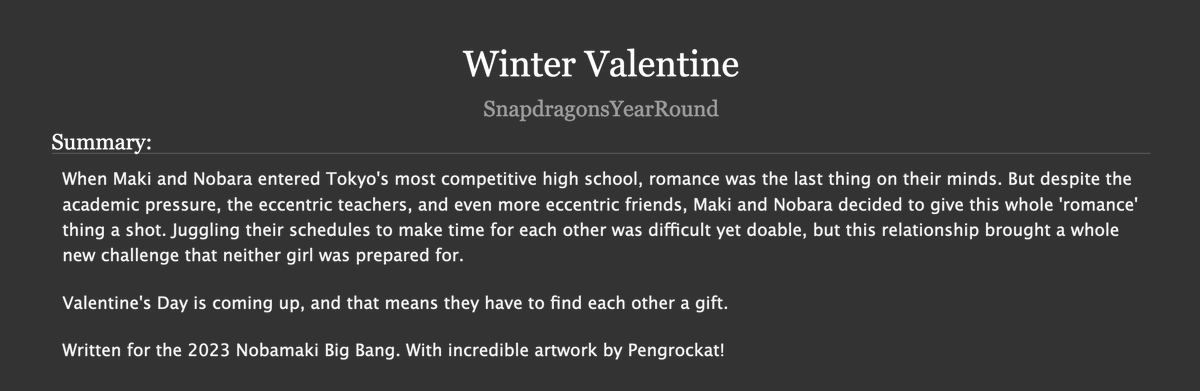 SnapdragonsR's tweet photo. My collab for the @nobamakibb with @pengrockat is out! She was such an AMAZING artist to work with, and I couldn't have asked for a better partner for this.

And now, here is my Nobamaki Valentine's Day Fic! Link in the reply! https://t.co/gfiSRVTG9C
