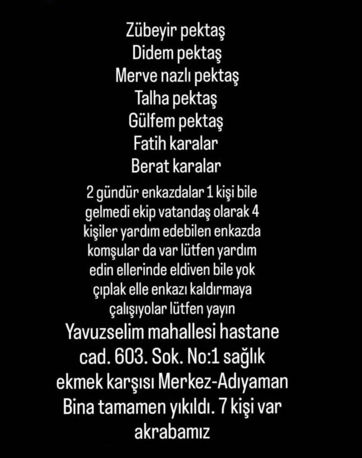 GamzeYenihan's tweet photo. @ipekmahir Lütfen kuzenlerim Adıyaman merkezde enkaz altında. N'olur artık perişan olduk. 44 saat oldu yardım yok. Vinç yoktu, kepçe yoktu, uzman yoktu. Lanet olsun. Ölüme terk ettiler hepsiniiii. Duy Türkiye. Adıyaman'ı yok saydılar. Yol yaptınız öyle mi? İnsanlar sevdiklerine ulaşamıyor. https://t.co/WHZuzwmuwE