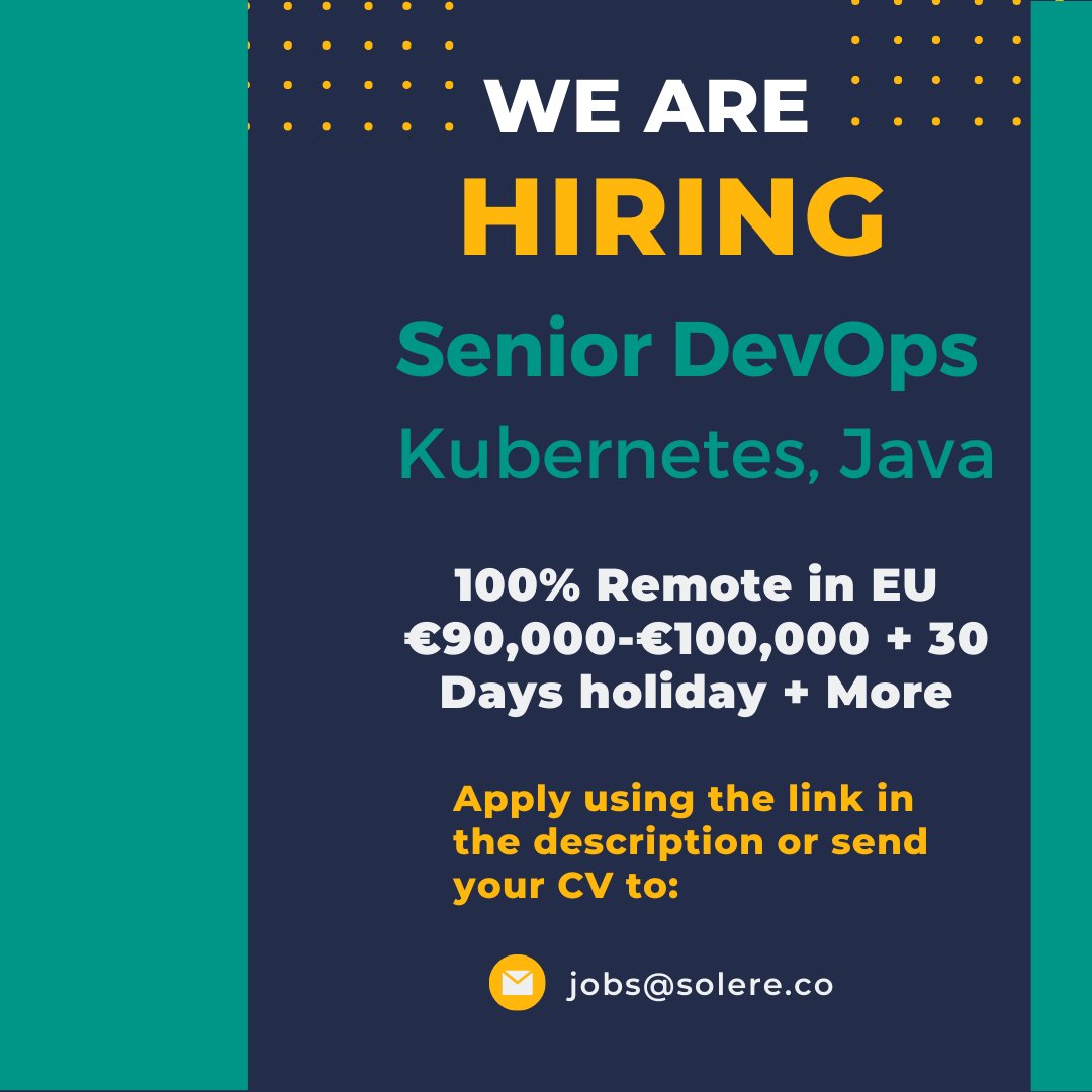AgencySolere's tweet photo. "💻 DevOps Engineer Wanted 💻
Join our client in Europe. Remote, B2B contract option + benefits. #Kubernetes #Java. Up to €100k p/a. Apply now: https://t.co/6ObtyH2h97 
#Hiring #Europe #RemoteWork 
Or to be considered send your CV to jobs@solere.co https://t.co/L2KN8pQbPw