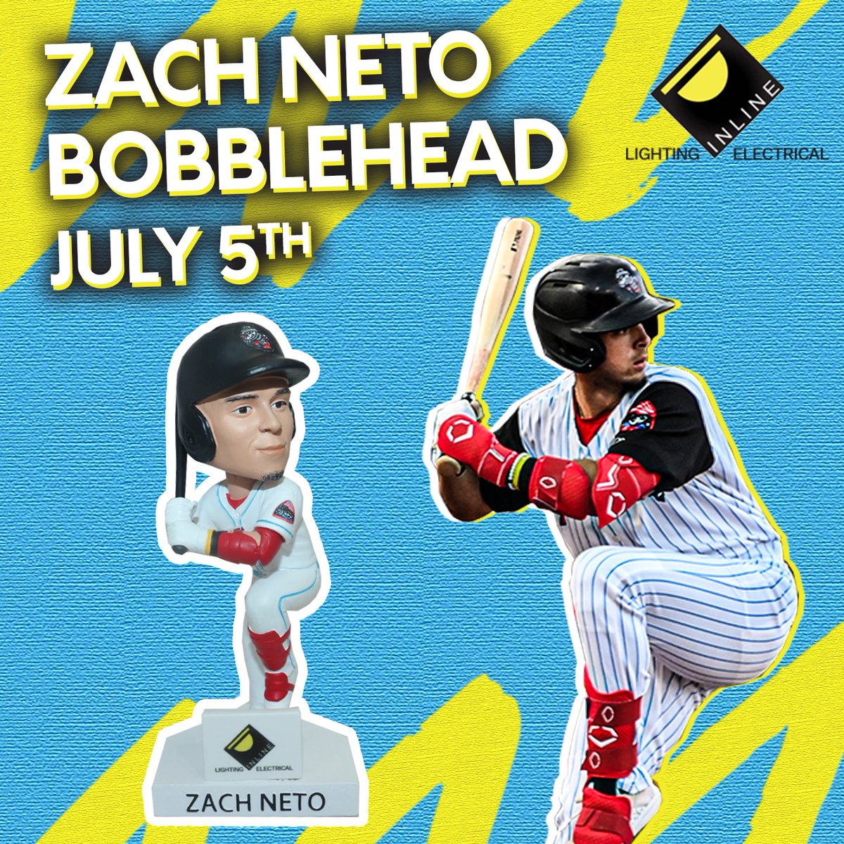 Our fifth premium giveaway of 2023: The @ZachNeto25 Leg Kick Bobblehead! 🦵 The first 1,500 adults 18 & older to arrive on July 5th will get one, courtesy of @InlineElectric! 💡