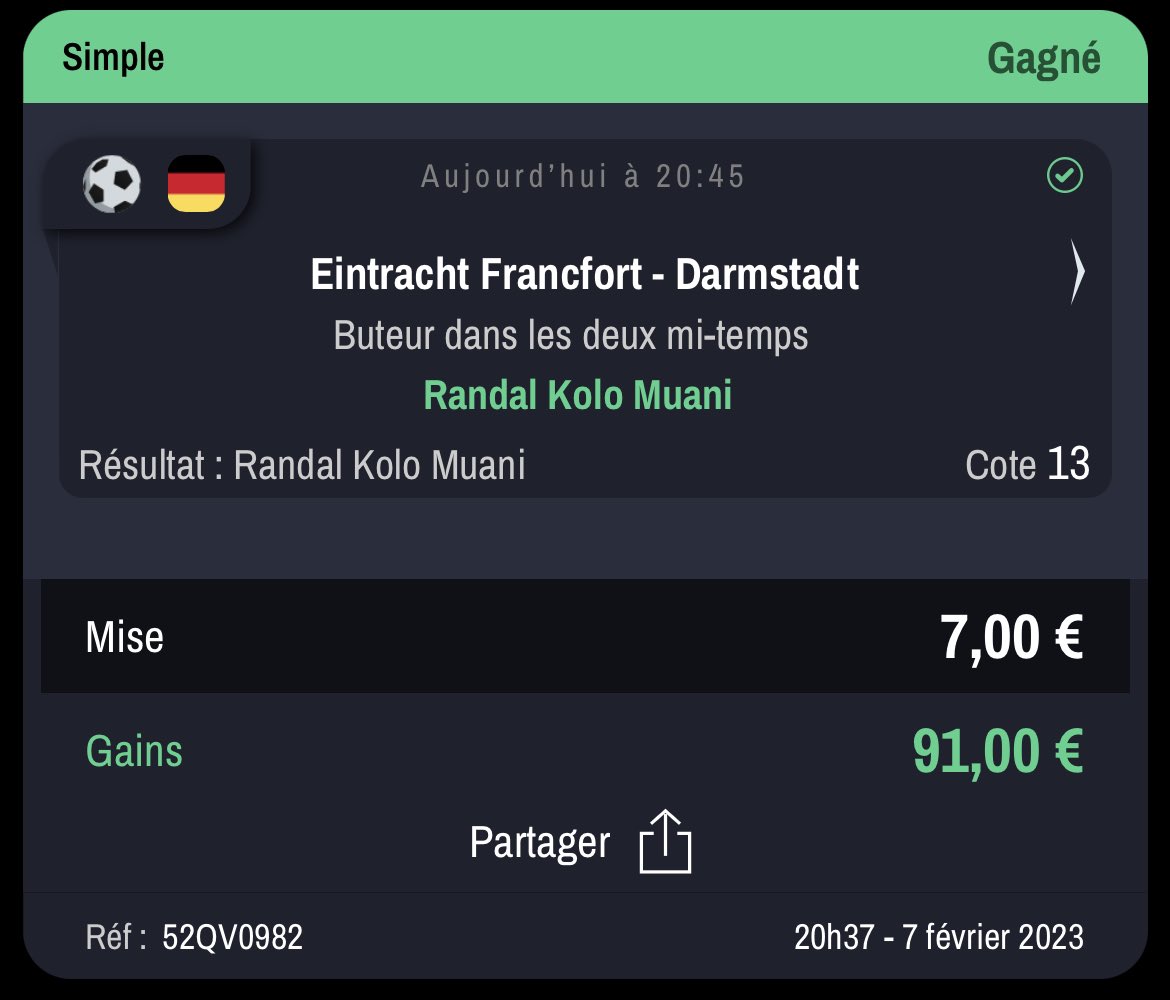 JokerTps's tweet photo. #DFBPokal 🇩🇪

@Eintracht - @sv98

👉 BTTS @1,78 ✅

👉 BTTS &amp; +2,5 buts @2,20 ✅

#ExtraBet 🇩🇪

 👉 Kolo Muani @2,30 ✅
Dans les 2MT @13,00 ✅

• Borré ou Karic @2,15 ✅

A vous de décrire cette soirée, personnellement je n’ai rien de plus à dire, PERFEEEEEECT 🥰

#TeamParieur https://t.co/u4xiLuHbpf