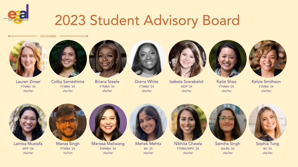 We're thrilled to introduce EGAL's 2023 Student Advisory Board! SAB members serve as champions of EGAL and serve as thought partners to drive change in business and leadership. We are excited to have them on our team!

#diversity #equity #student #advisory #equityfluentleadership