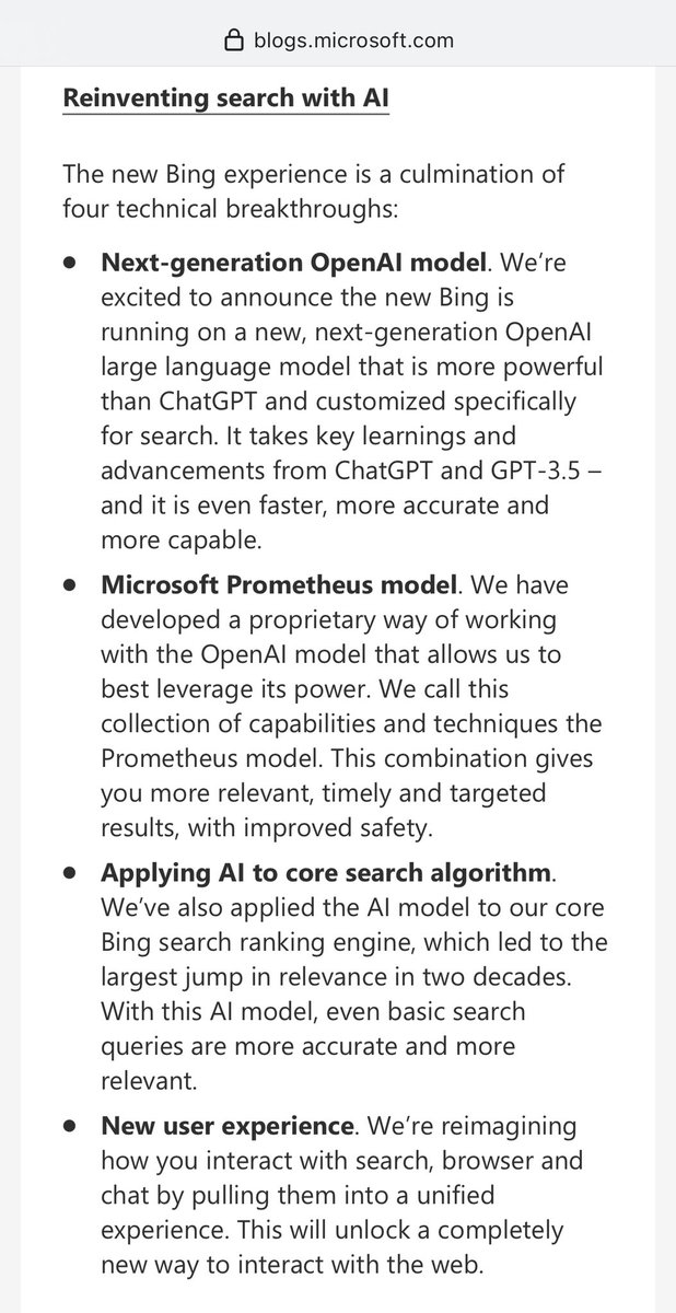 drdavecoin's tweet image. For the very first time in quite possibly 20 years, I will shortly and deliberately be using @Microsoft #Bing for search! This is an insane time! 🤖 blogs.microsoft.com/blog/2023/02/0… #ChatGPT @OpenAI #Search3 #Prometheus 🔥
