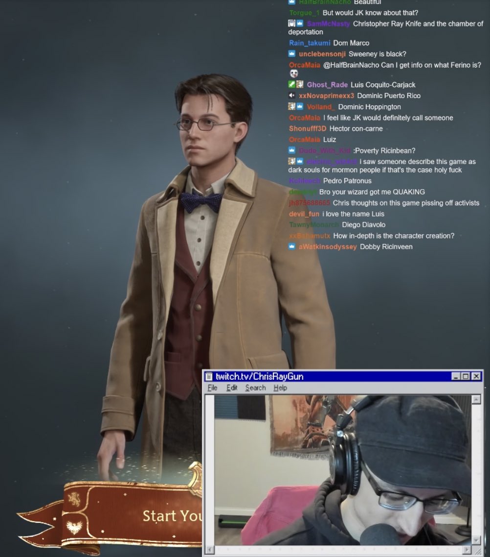 Chris Ray Gun’s custom Hogwarts Legacy character Dominic Ricinbeen looks like Chris Ray Gun