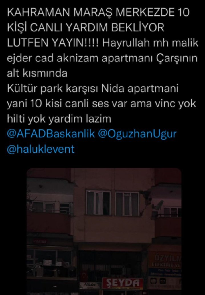 ACİL KAHRAMANMARAŞ #ACILYARDIM #deprem #acildeprem #seferberlik #sondakikadeprem <a href="/DepremDairesi/">AFAD Deprem</a> <a href="/OguzhanUgur/">Oğuzhan Uğur</a> <a href="/haluklevent/">Haluk Levent ( Ahbap Ekibi )</a>