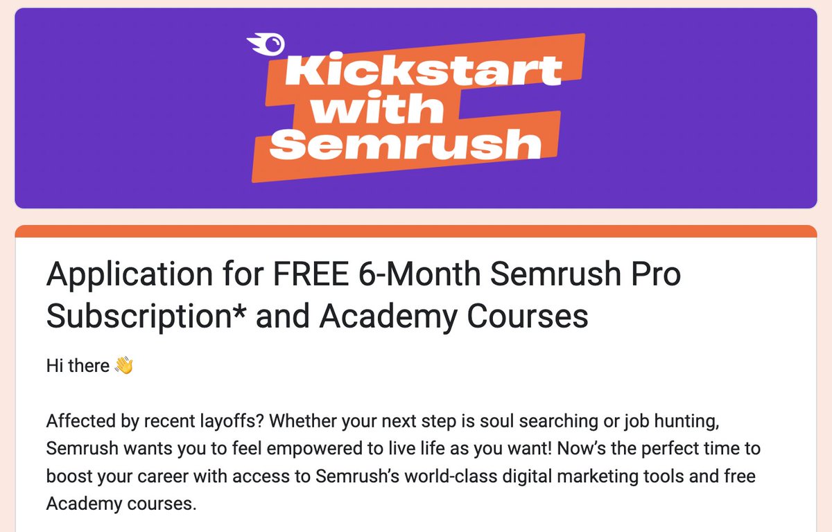 brodieseo's tweet image. Awesome initiative from @semrush. If you&apos;ve been impacted by recent layoffs, they&apos;re offering a free 6-month Pro subscription to their tools + courses. Could be a great opportunity to transition into freelance work – help spread the word! docs.google.com/forms/d/e/1FAI…