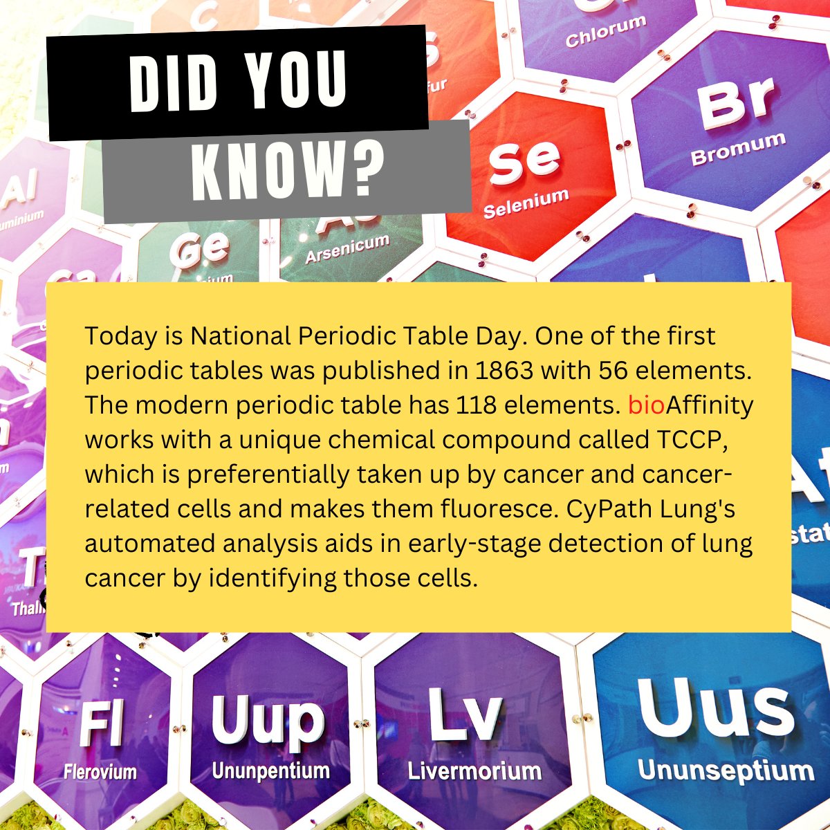 bioAffinity's tweet photo. Did you know...? It's National Periodic Table Day.
#dyk #periodictable #chemistry #CyPathLung #bioaffinity
#cancerdetection #TCCP https://t.co/E39vqCZaHW