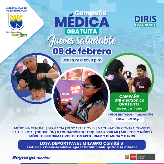 #JuevesSaludables👨‍⚕️🩺 🙋‍♀️ Te invitamos a participar de la quinta campaña de salud integral 𝙜𝙧𝙖𝙩𝙪𝙞𝙩𝙖 gracias al apoyo de la <a href="/DirisLimaNorte/">Diris Lima Norte</a> Además, participa de la campaña de trámite gratuito de DNI electrónico para niños menores de 17 años, gracias al apoyo de <a href="/ReniecPeru/">RENIEC PERÚ</a>