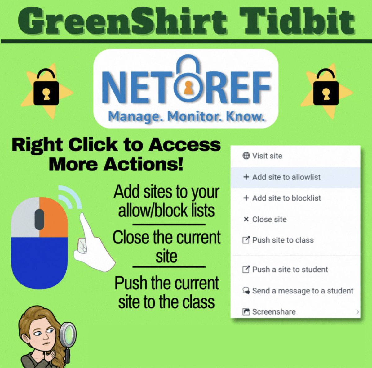 OsceolaMITD's tweet photo. ATTN @OsceolaTeachers let Netref help you monitor your students’ online activity and engage your students during class time. Want to know more? Reach out to your School Based GreenShirt. The possibilities are endless. #educoach #netref #linewize #greenshirts https://t.co/Giajh0EhyK