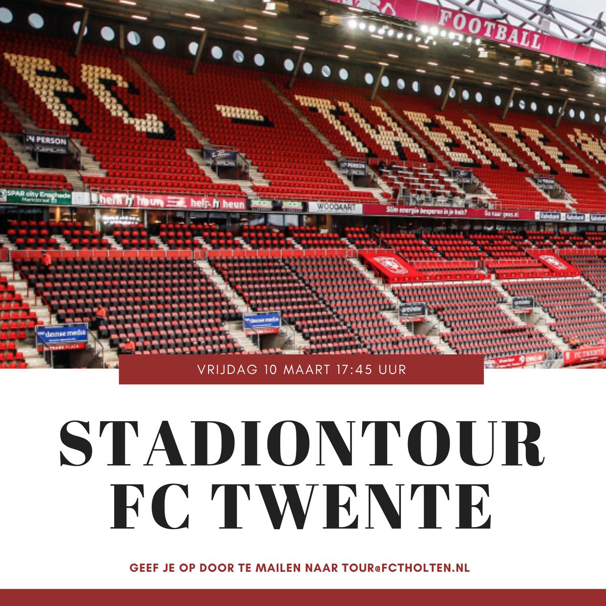 fctholten's tweet photo. 10 maart organiseren wij een stadiontour. De bus vanuit Holten vertrekt om 17.45 uur. Wil je ook mee, mail dan naar tour@fctholten.nl https://t.co/Yd33ZV9KJr
