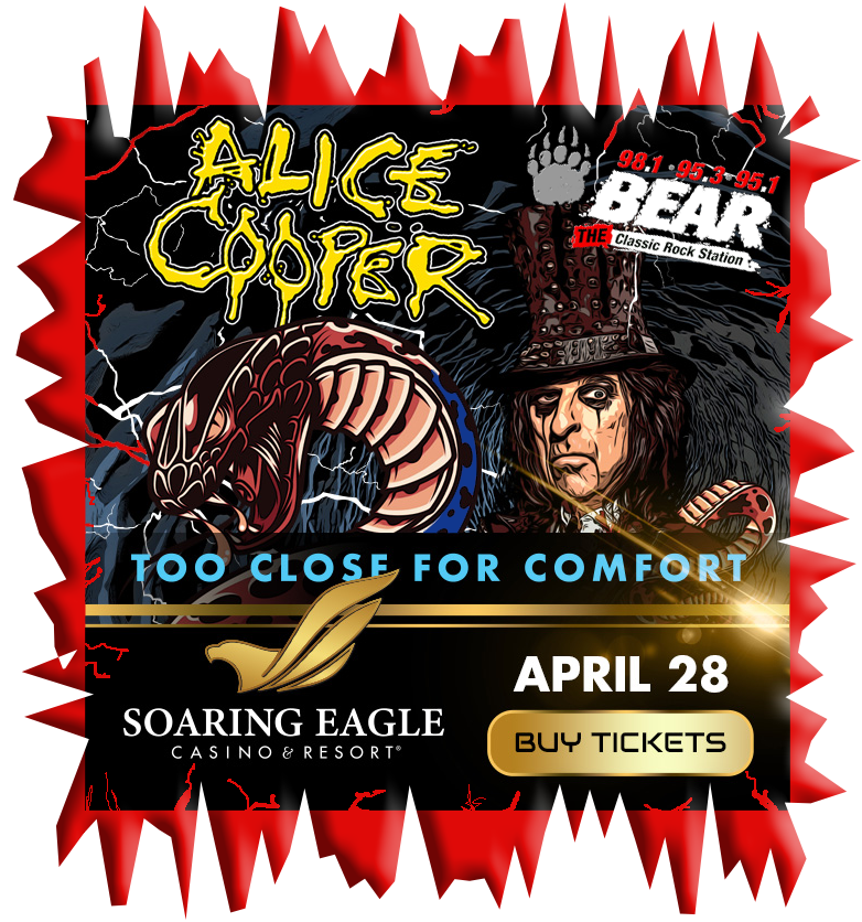 1BearRocks's tweet photo. ALICE COOPER TICKETS UP FOR GRABS! Win Tickets before you can buy them! Tuesday Feb 7th-Friday Feb 10th during morning show, when Mark &amp; Cali play an Alice Cooper song TEXT word "ALICE" to (888) 751-BEAR for your chance to ROCK with Alice https://t.co/uDNK8FuXJM