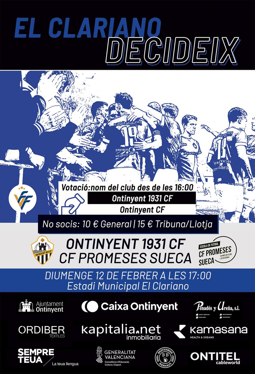 ontinyent1931cf's tweet photo. 📝 #PròximPartit | Aquest diumenge, El Clariano decideix! L'equip vol mantenir distàncies amb els perseguidors, i els socis tenen en la seua mà decidir el futur nom de l'entitat!
🗓️ Diumenge 12 🕔 17:00
⚽️ @ontinyent1931cf - @PromesesSuecaCF 
🏆 #ÀPuntPreferentG3 | #Jornada22 https://t.co/YgkmvxGS9G