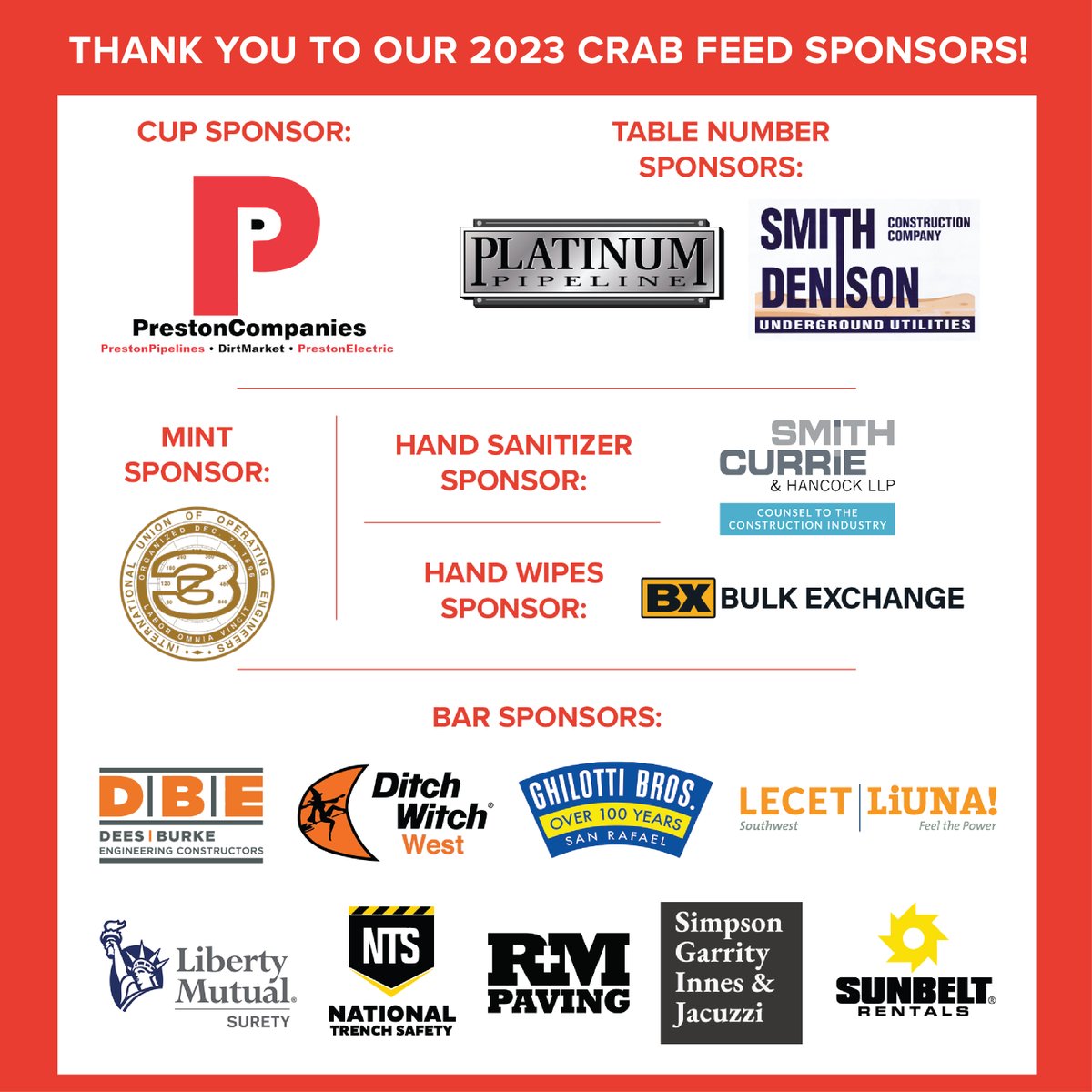 Thank you to the 2023 Crab Feed Sponsors! Your invaluable support helps us create the top-notch events that United Contractors is known for! There's still time to join these companies and sponsor this UCON tradition: ow.ly/rGfh50MMkaQ