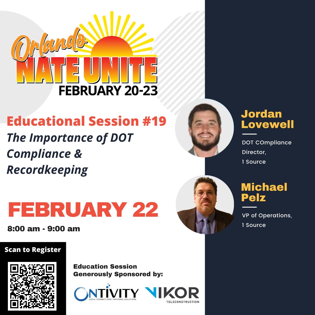 NATEsafety's tweet image. Join Educational Session #19 "The Importance of DOT Compliance &amp;amp; Recordkeeping" with Jordan Lovewell and Michael Pelz of 1 Source during #NATEUNITE2023. Register today at bit.ly/3VTshbU.

#NU23
#1source
#dotcompliance
#recordkeeping
#joinus
#rosenshinglecreek