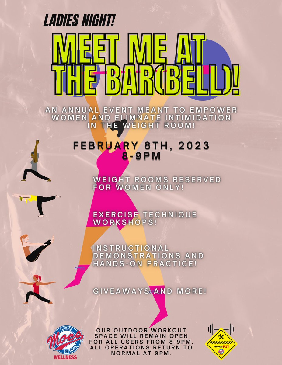 Attention lady mocs, join us Wednesday, February 8th, from 8-9 pm for Meet Me At The Barbell. The weight room is reserved for women only, and the facility will open back to everyone at 9 pm.
