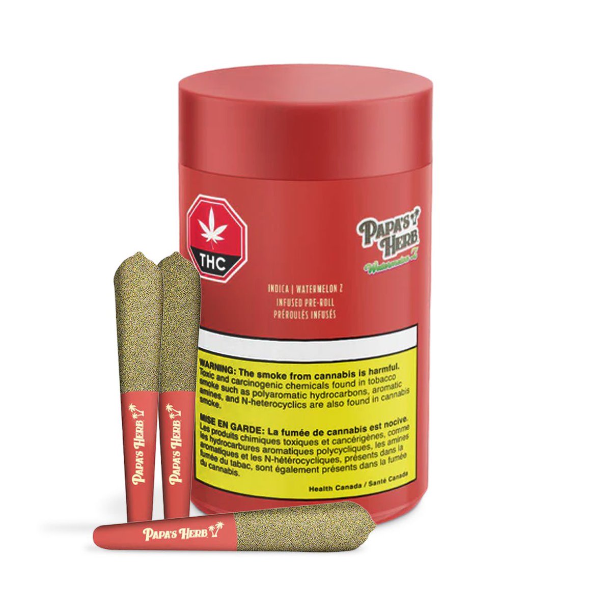 PAPA'S HERB

Distillate-infused, kief-coated pre-rolls filled with the Watermelon Z strain, a heavy-hitting indica-dominant. Its top terpenes include Caryophyllene, Limonene, and Myrcene that produce tasting notes of cream, berry, tart, and gas.

#infused #joints
#summitcanco