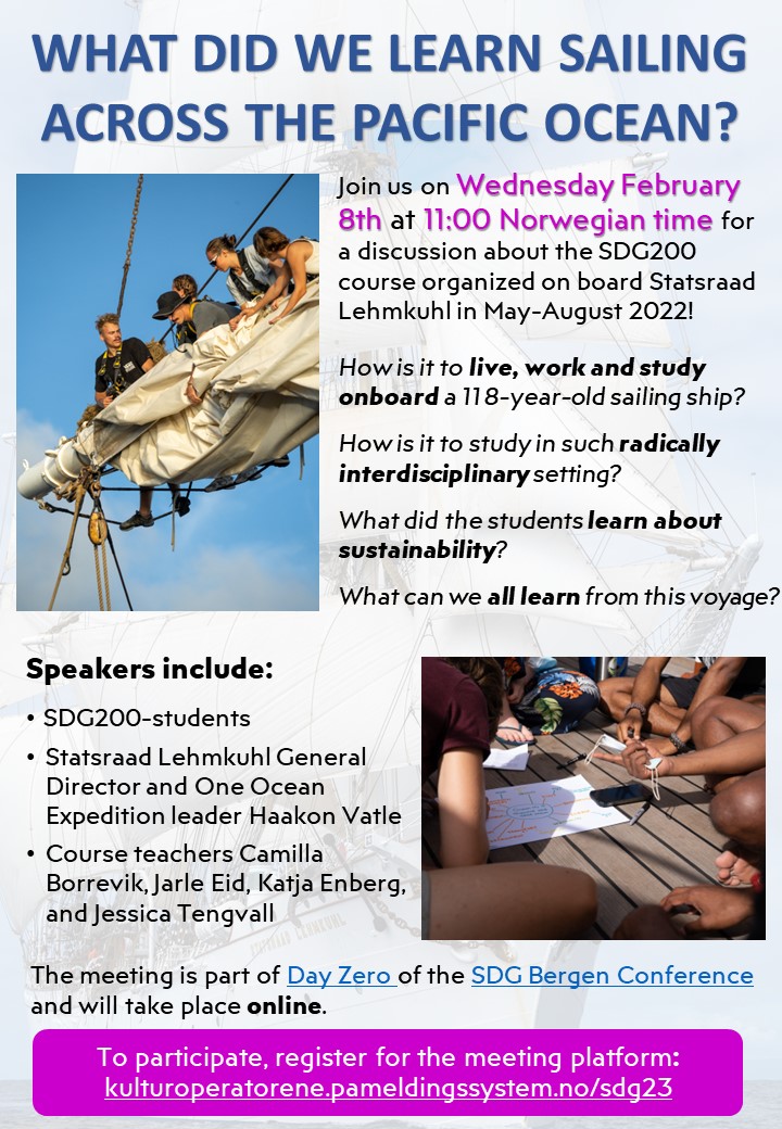 Come join for our Day Zero event where we will discuss sailing, Pacific, multidisciplinarity, hammocks - but most importantly, what did we learn about sustainability by sailing across the Pacific Ocean? #SDGbergen @KatjaEnberg @EdvardHviding @UiB @SDGbergen SDG Conference Bergen