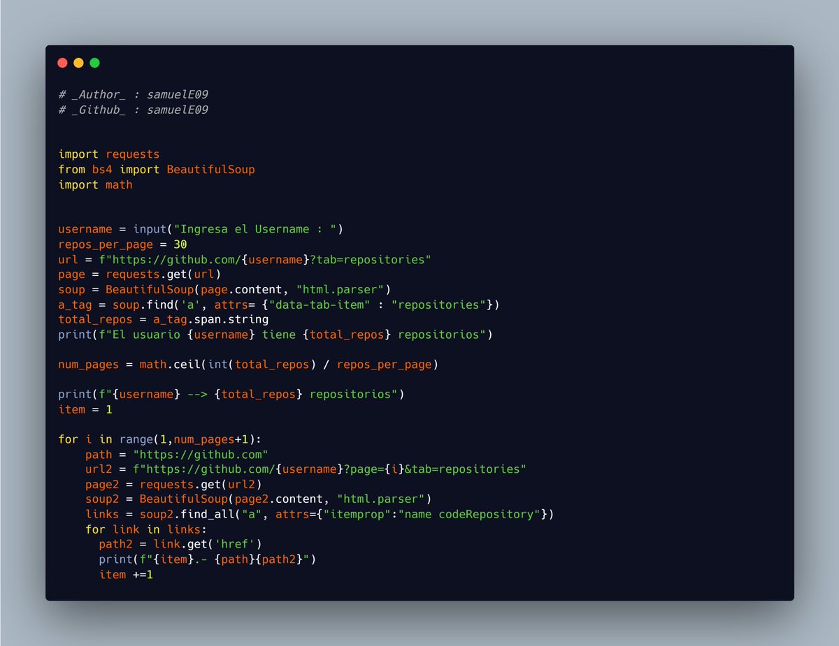 samuel24_dev's tweet image. 🔥💻 Aprendiendo BeautifulSoup y Python.
¡Obtenga la lista completa de los repositorios de cualquier usuario de GitHub con facilidad! 🤯
#AprendiendoPython #BeautifulSoup #WebScraping
#codinglife #AprendizajeContinuo