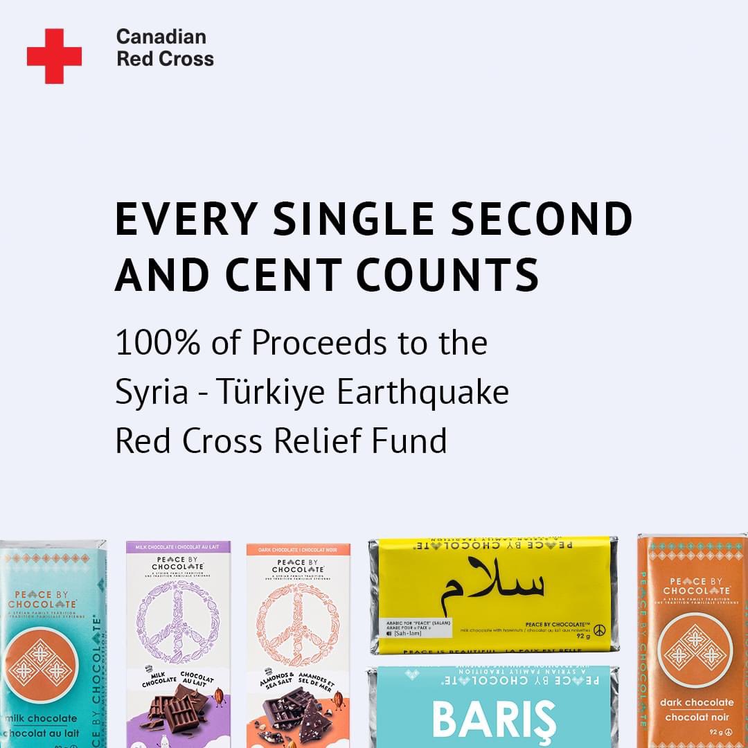 Peacebychoco's tweet photo. People in Syria &amp; Türkiye are hurting. They are looking for safe shelter, clean water &amp; warm food. We are donating all the proceeds of these products to the Earthquake Relief Fund by the @redcrosscanada. The portal is open for direct donations. Thank you🙏
https://t.co/8oR4rKxhxn https://t.co/rMgMyIifZ1