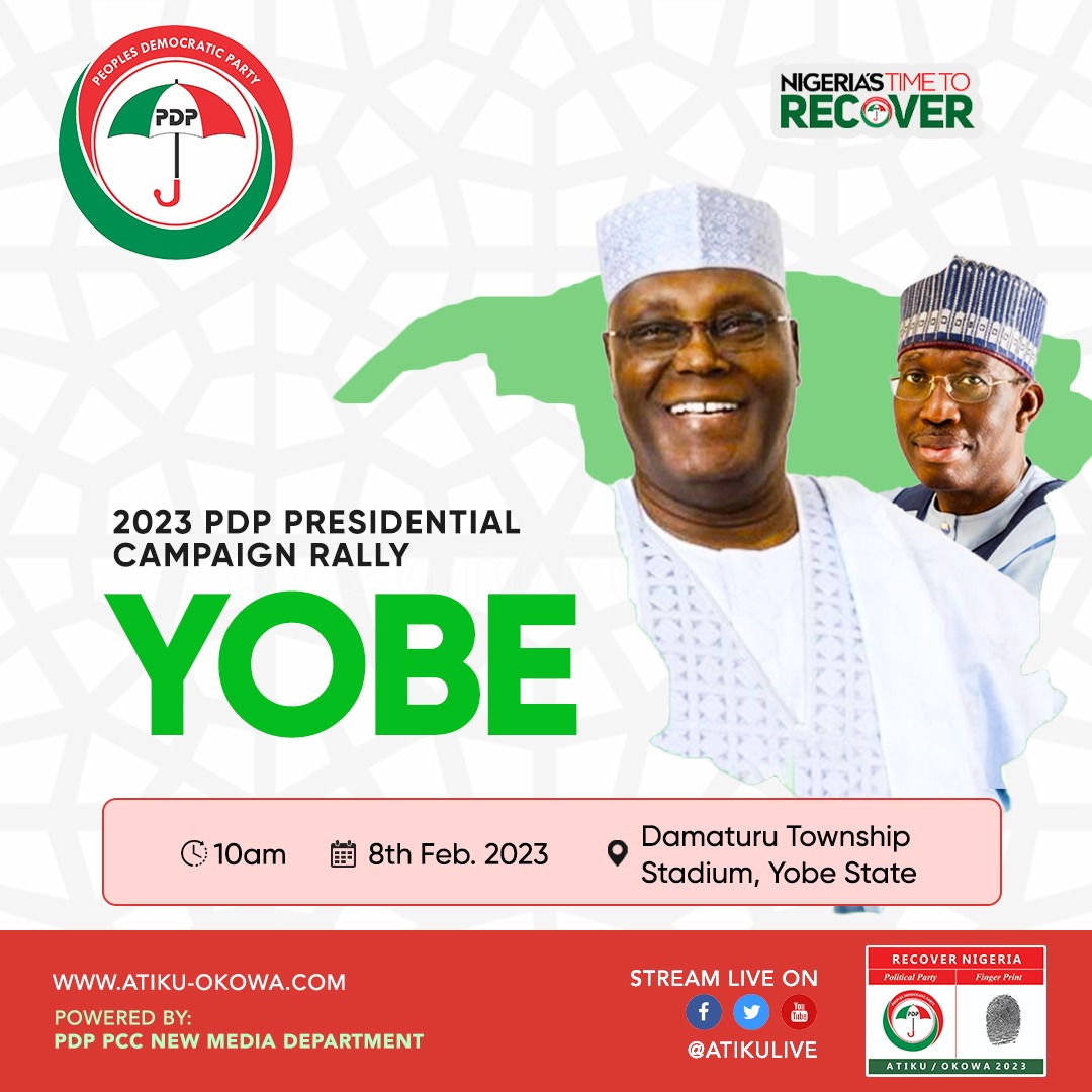 Jagabanatiku09's tweet photo. The Recovery train will stop by in Yobe State tomorrow, let's all come out  in mass to ensure the full recovery of Yobe State and Nigeria at large.

PDP is the party and, 
Atiku Abubakar remains the Man @atiku @_dinomelaye #yobe #yobeboleche @jagaban_atiku https://t.co/z5zv5HjSqK
