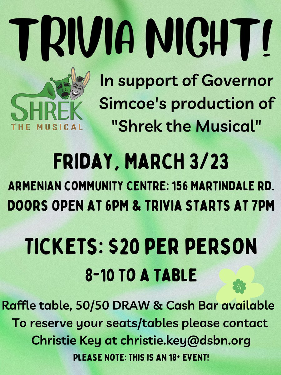 SimcoeDrama's tweet image. Our Trivia Night is back!! Come on out to support the students involved in our production of “Shrek the Musical” and I promise it will be a grand old time! @SimcoeRedcoats