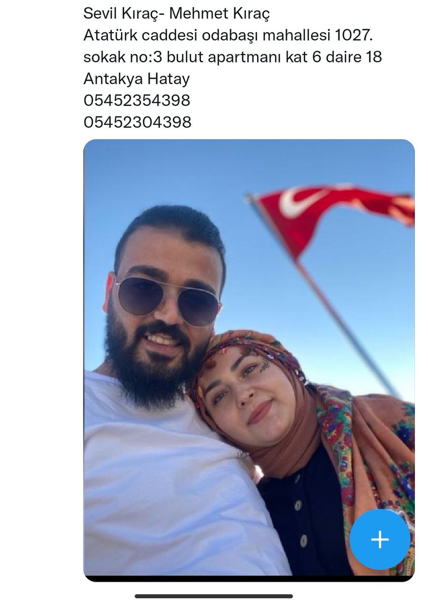 Ablamız 8 aylık hamile vinç olmadığı için kurtarılamıyor hâla enkaz altındalar acil yardım edin duyun sesimizi!!!
<a href="/OguzhanUgur/">Oğuzhan Uğur</a> <a href="/haluklevent/">Haluk Levent ( Ahbap Ekibi )</a> <a href="/KendineMuzisyen/">Kemal Can Parlak</a> #ahbap #babalatv #AFADBASKANLIĞI #AFADhatay #YardımCağrısı #halukleventacil 
#OguzhanUgur #HalukLevent