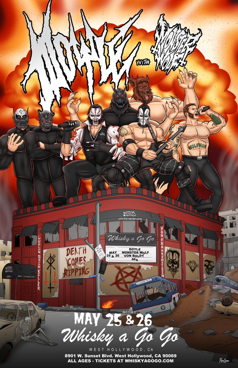 Los Angeles! Are you ready for a monster massacre?!

Two nights of @DoyleAbominator @monsterwolfband and @vonboldtband at the world famous @TheWhiskyAGoGo 

May 25th and 26th! See y’all on the sunset strip! 

artwork by @CartoonRyan5 

Follow MONSTER WOLF on all platforms now!