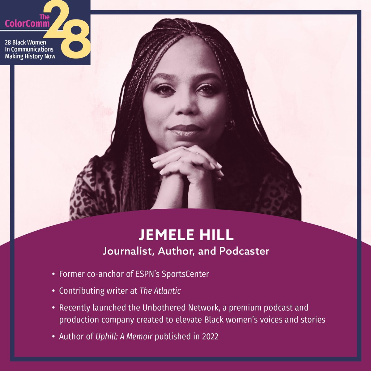 ColorCommntwk's tweet photo. . @jemelehill uses her platform to intersect sports and cultural issues. The Atlantic writer and author of #Uphill is no stranger to the challenges that come with being opinionated, Black, and female.
#blackhistory #makingblackhistory #ColorComm28 #ColorComm
#TheColorComm28 https://t.co/HjfjucKWqk