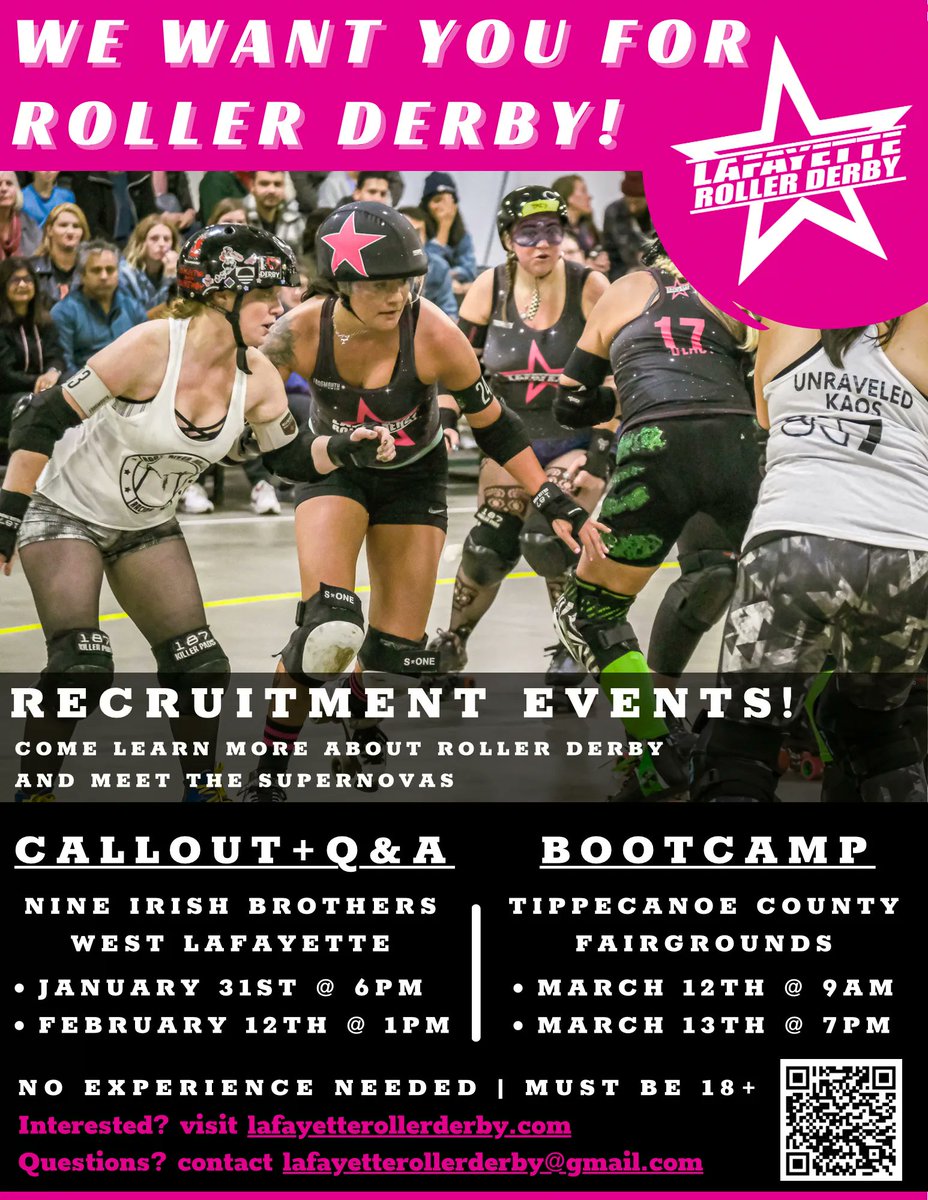 LafayetteDerby's tweet photo. Are you interested in playing a fun and exciting sport? 

LRD is hosting their last callout on Feb 12th. It will be at Nine Irish in West Lafayette at 1pm. If you have any questions or want to learn more about LRD, come join us this Sunday🌟 https://t.co/zvQgMbrZgJ