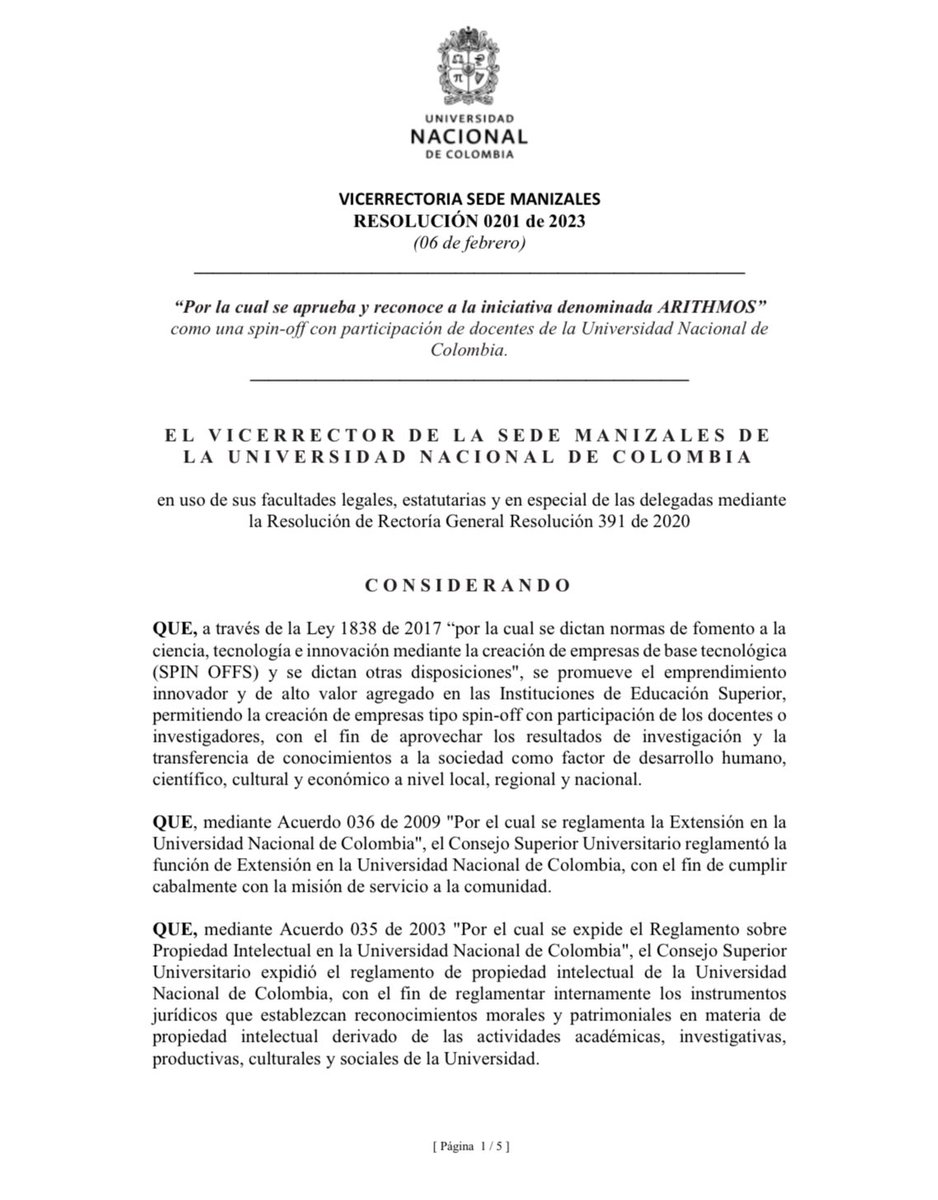 VRIUNAL's tweet photo. La @VRI_UN @UNALOficial desea felicitar a la sede @SedeManUNAL @parqueinnova por la aprobación de la Spin-Off ARITHMOS, ciencia de datos al servicio de la sociedad.

#ITEMunal @DollyMontoyaUN @CamiloYounes @MincienciasCo @DiegoTorres_Fis @OrregoSergioUN https://t.co/qf2fWCW6lE