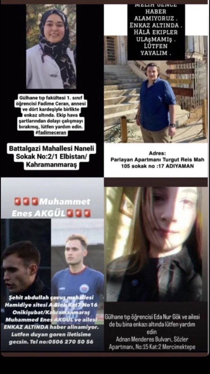sarı serum (@yeterr_be) on Twitter photo Hala enkaz altında arkadaşlarımız ve haber alamıyoruz. Lütfen artık her bir saat daha da önemli!!! <a href="/ahbap/">Ahbap</a> <a href="/haluklevent/">Haluk Levent ( Ahbap Ekibi )</a> <a href="/AFADBaskanlik/">AFAD</a> <a href="/AFADHatay/">AFAD HATAY</a> <a href="/AFADKMaras/">AFAD Kahramanmaraş</a> <a href="/AFADGaziantep/">AFAD Gaziantep</a> <a href="/SBUGulhaneTip/">Gülhane Tıp Fakültesi</a> <a href="/sbuedutr/">Sağlık Bilimleri Üniversitesi</a> @ahbapacil @ahbap_uni <a href="/Ahbap_Medya/">Ahbap Medya</a> <a href="/Haydi_Ahbap/">Haydi Ahbap</a> Hala enkaz altında arkadaşlarımız ve haber alamıyoruz. Lütfen artık her bir saat daha da önemli!!! <a href="/ahbap/">Ahbap</a> <a href="/haluklevent/">Haluk Levent ( Ahbap Ekibi )</a> <a href="/AFADBaskanlik/">AFAD</a> <a href="/AFADHatay/">AFAD HATAY</a> <a href="/AFADKMaras/">AFAD Kahramanmaraş</a> <a href="/AFADGaziantep/">AFAD Gaziantep</a> <a href="/SBUGulhaneTip/">Gülhane Tıp Fakültesi</a> <a href="/sbuedutr/">Sağlık Bilimleri Üniversitesi</a> @ahbapacil @ahbap_uni <a href="/Ahbap_Medya/">Ahbap Medya</a> <a href="/Haydi_Ahbap/">Haydi Ahbap</a>