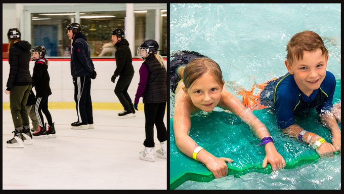 Two photos side by side. Photo on the left is a family skating at a City of Ottawa indoor rink. The photo on the right shows two children swimming in a City of Ottawa indoor pool. 