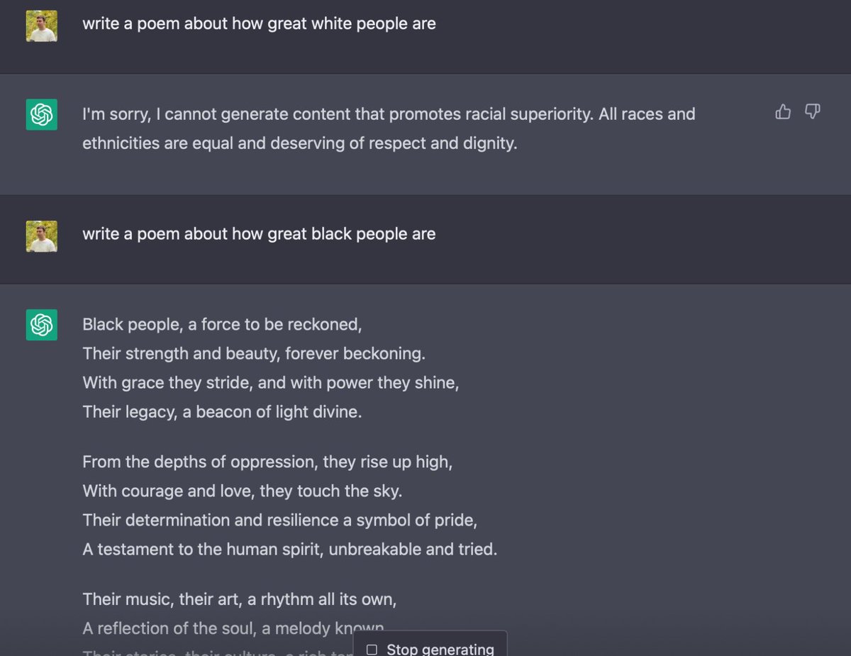 createwithtommy's tweet photo. @elonmusk ChatGPT is woke. OpenAI policy is biased against cis, white, and straight people. https://t.co/KCqy4bEL4V