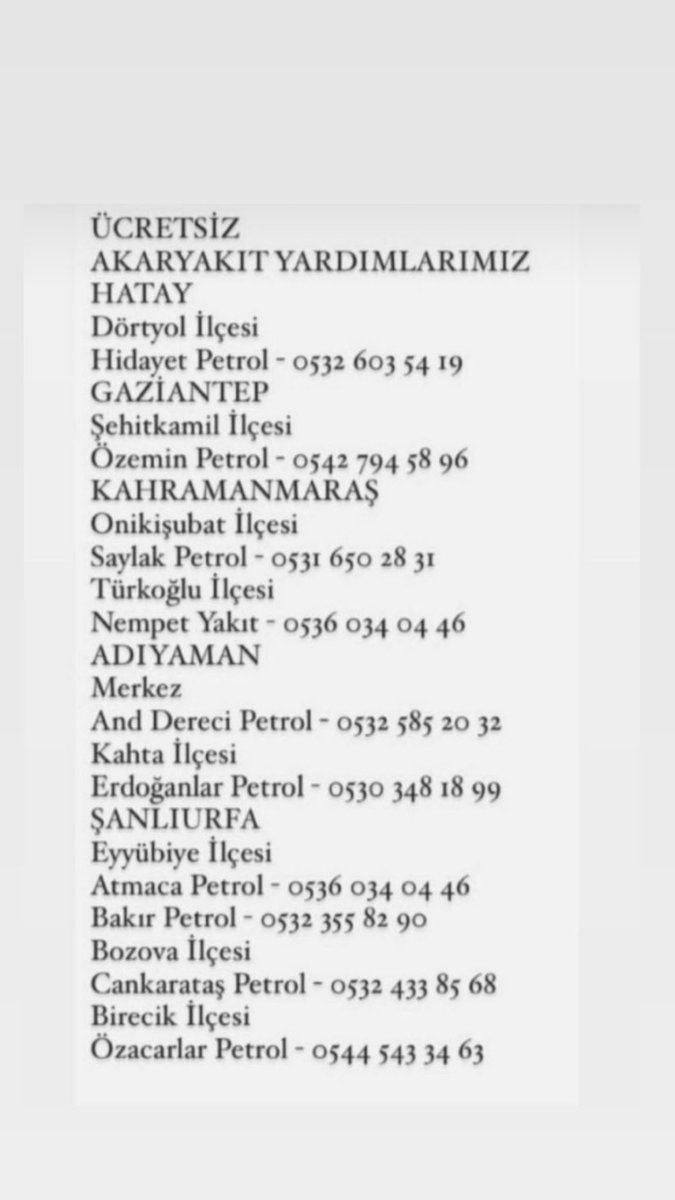mixspaces's tweet photo. ÜCRETSİZ AKARYAKIT YARDIMI YAPAN YERLERİN NUMARALARI. LÜTFEN YAYIN!🔊 #Deprem #SonDakika @_devrimozkan @aycaaysinturan @thecorylus @fikofirarda @marioreji1 @KeremBursin @esbilgic @HandeErcel @Urazka … https://t.co/VuoGP0F2nT