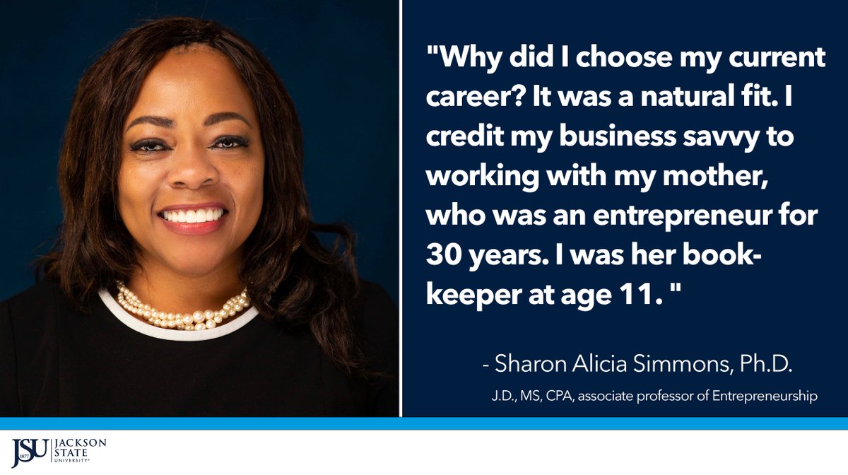 JacksonStateU's tweet image. #JSUFaculty: "I credit my business savvy to working with my mother, who was an entrepreneur for 30 years. She was a local chef, Mary (Ms. Lillian) Matthews, in her Frenchtown restaurant Café Normandie."

- Sharon Alicia Simmons, Ph.D., associate professor of Entrepreneurship