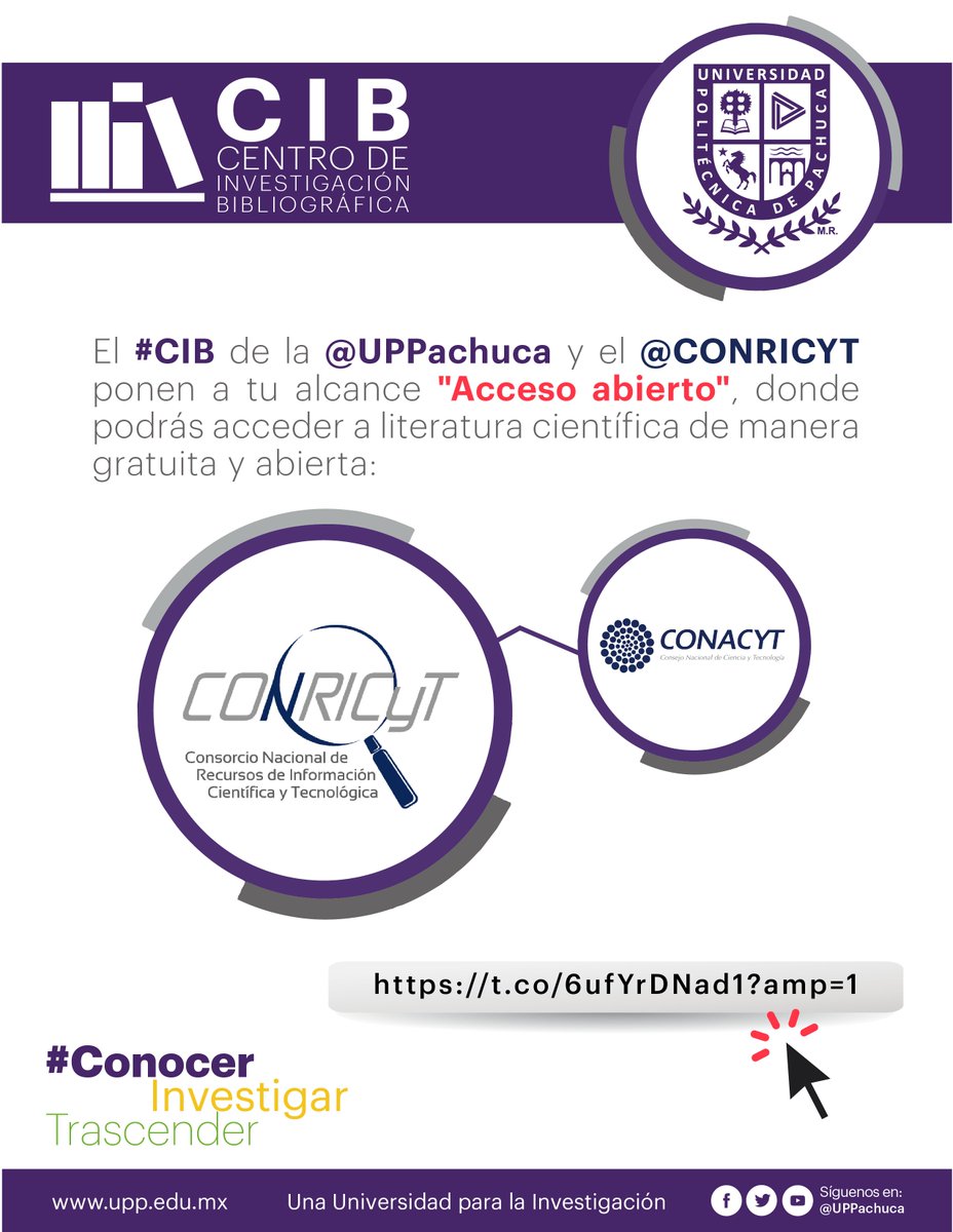 CIB_UPPachuca's tweet photo. El @CONRICYT y el #CIB de la @UPPachuca ponen a tu alcance "Acceso abierto", donde podrás consultar literatura científica de manera gratuita:

https://t.co/e1yjx6GSuL

@natycastrejonv
@DanielFragosoT
@SEPHidalgo
@SriaAcademica https://t.co/TMbFDxRtn9