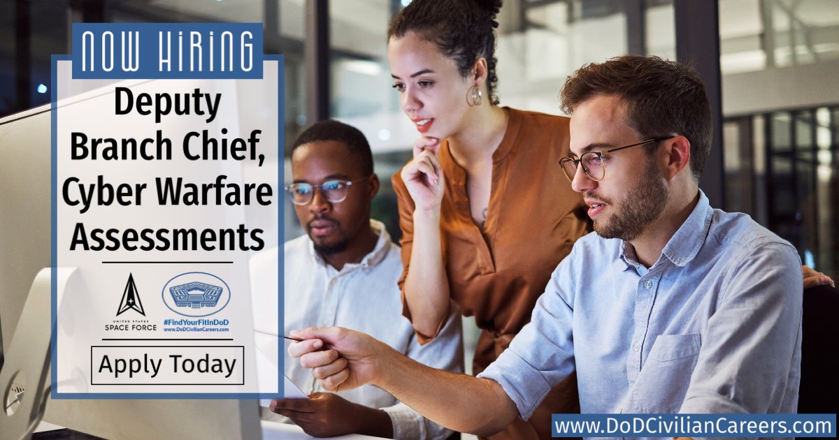 DODCivilians's tweet image. The United States Space Force (USSF) at the Pentagon, located in Washington, D.C. is searching for a Deputy Branch Chief, Cyber Warfare Assessments (NH-0343-04).

Apply here:
linkedin.com/jobs/view/3467….

Where will you find your fit?
#WeAreTotalForce #FollowUs #JobPosts