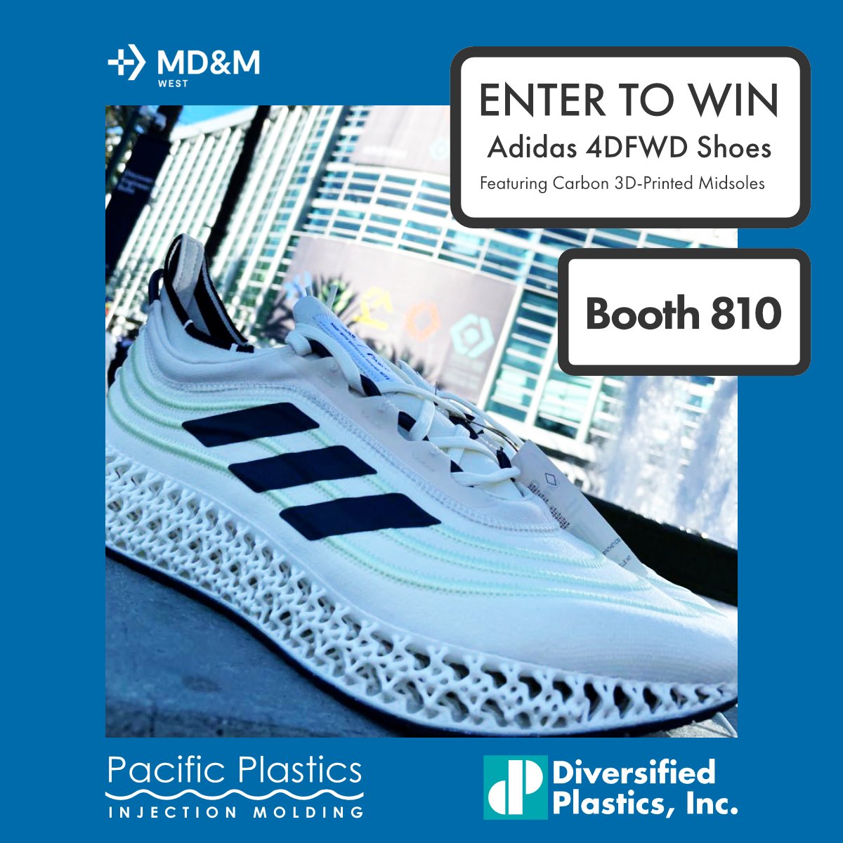 PPlasticsIM's tweet photo. We’re at MD&amp;M West in Anaheim, California.

Visit booth 810 near registration and enter to win a pair of Adidas 4DFWD shoes, with components made using the @Carbon Digital Light Synthesis process.

Learn more > https://t.co/4qYBeIzb6q
#IMEWest #DiscoverEngineerBuild https://t.co/RQYaKPvqAf