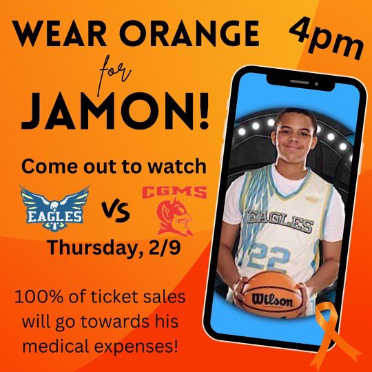 “Help us fight with Jamon! Come out to watch the Eagles take on CGMS this TH at 4pm and wear orange in support of our fellow Eagle 🦅. All ticket sales will be donated to help his family with medical expenses. We hope to see you in your best ORANGE🧡! #TheERwinWay #JamonStrong