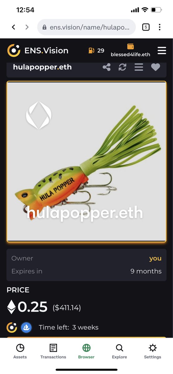 __blessed4life's tweet photo. 🎣🐟 Listed on @ensvision &amp; @opensea ⏳Fish are biting…times waiting 👀

#ENS #ENSMaxis #fishinglife #ensdomain #hulapopper #topwater 

🏪 https://t.co/ZbwqOtEpdE 

🏬 https://t.co/qofw1b7H57 https://t.co/a955iaijxz