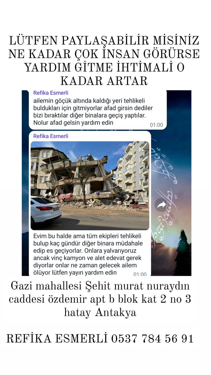 LÜTFEN YARDIM EDİN, ARKADAŞIMIN SESİ OLUN🙏🏻 <a href="/IstanbulAFAD/">A F A D İstanbul</a> <a href="/DepremDairesi/">AFAD Deprem</a> #deprem #Turkey #sondakikadeprem #PrayForTurkey #earthquake #ENKAZALTİNDAYİM #HelpTurkey #hatayyardimbekliyor #antakyahatay <a href="/haluklevent/">Haluk Levent ( Ahbap Ekibi )</a> @ahbap_insanlik <a href="/ahbap_istanbul/">Ahbap İstanbul</a> @ahbaphatay <a href="/AFADBaskanlik/">AFAD</a> <a href="/AFADHatay/">AFAD HATAY</a>
