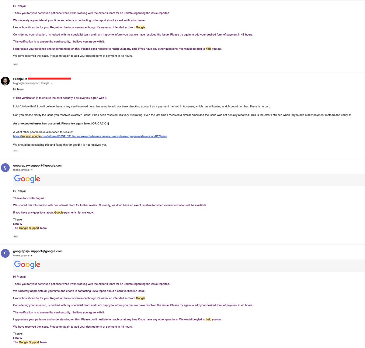 pramttl's tweet photo. Trying to add our bank to #Adsense which fails. When I contact @Google support, I get an email falsely claiming resolution and receive the same auto email on followups, even when I tell them the issue is not resolved. Disappointed. I expected better from Google.
cc: @GooglePay https://t.co/KAaOTNNl4C