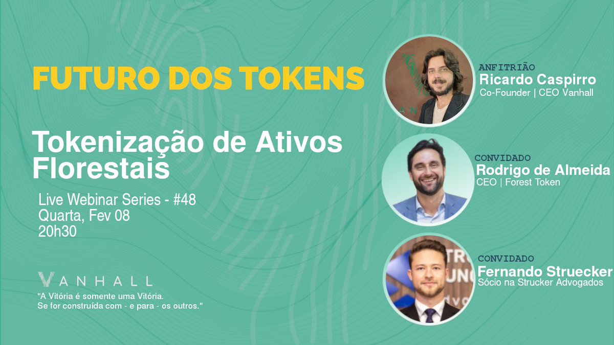 Junte-se a nós(<a href="/ricardocaspirro/">Ricardo Caspirro</a>, Rodrigo de Almeida | CEO Forestoken e Fernando Struecker) na 4f(08/02), um bate papo entender as possibilidades da tokenização de ativos florestais.
Ytube: bit.ly/3XjcuU2
#stablecoins #tokenizadora #tokens #criptomoeda #vanhall
