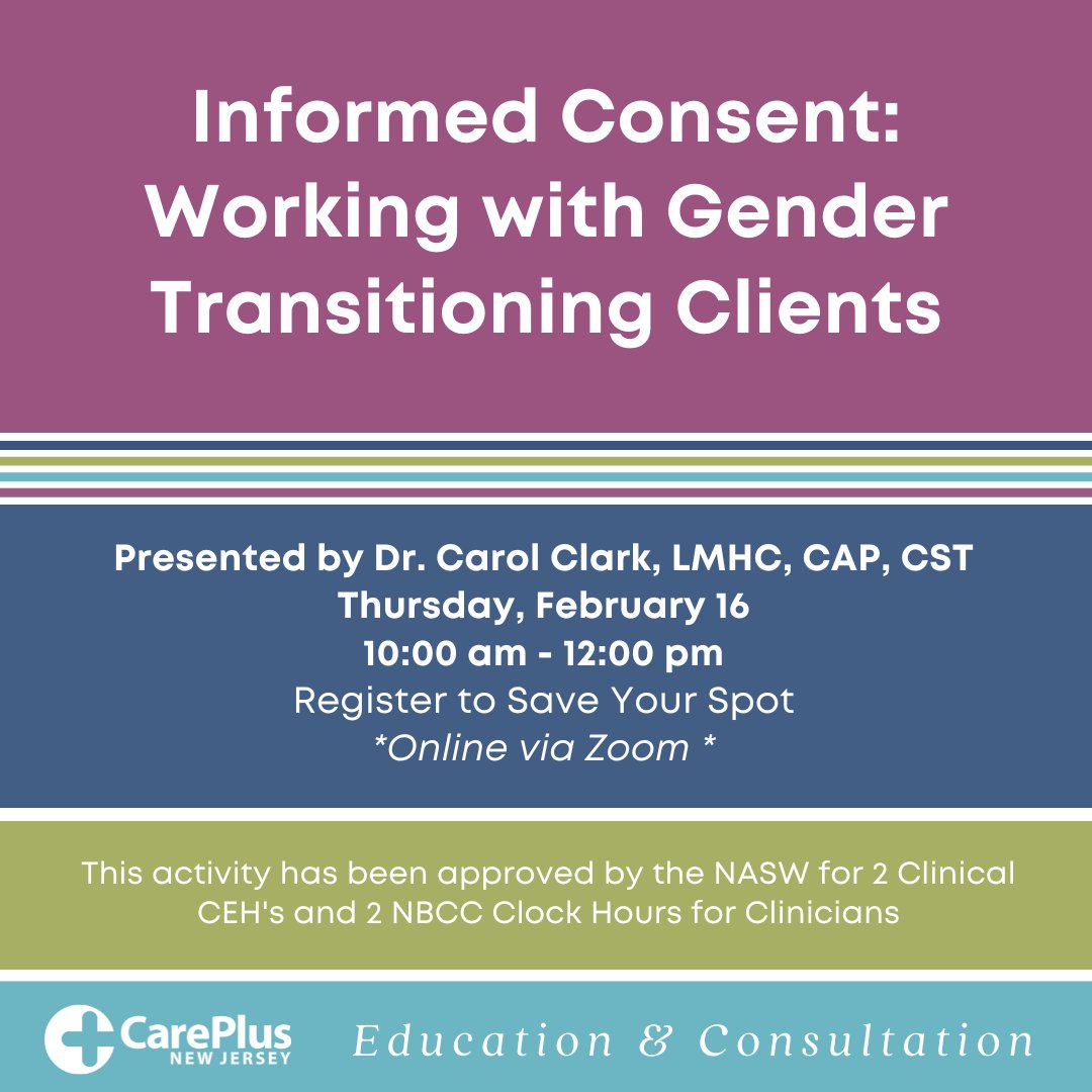 Join us for our Speaker Series on "Informed Consent: Working with Gender Transitioning Clients." Dr. Carol Clark, LMHC, CAP, CST,  will discuss how Informed Consent goes beyond discussing the physical effects of the transition process.

Register now: ow.ly/AHnF50MMzlX